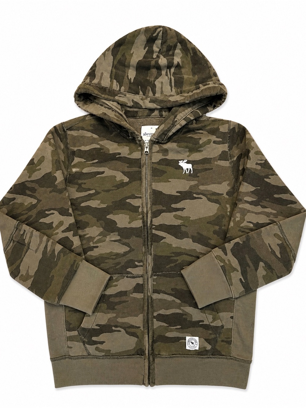 Abercrombie Kids Camo Zip Hoodie Jacket 15/16 | Green Camouflage Logo Full Zip
